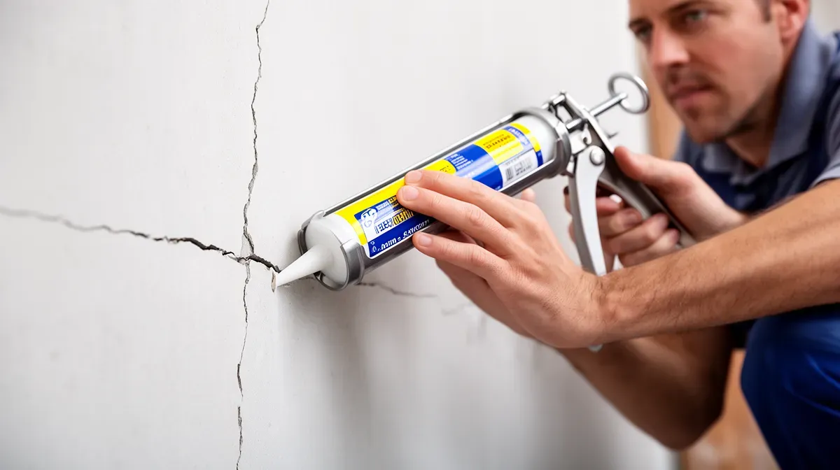 Personne rebouchant une fissure dans un mur pour prévenir les insectes
