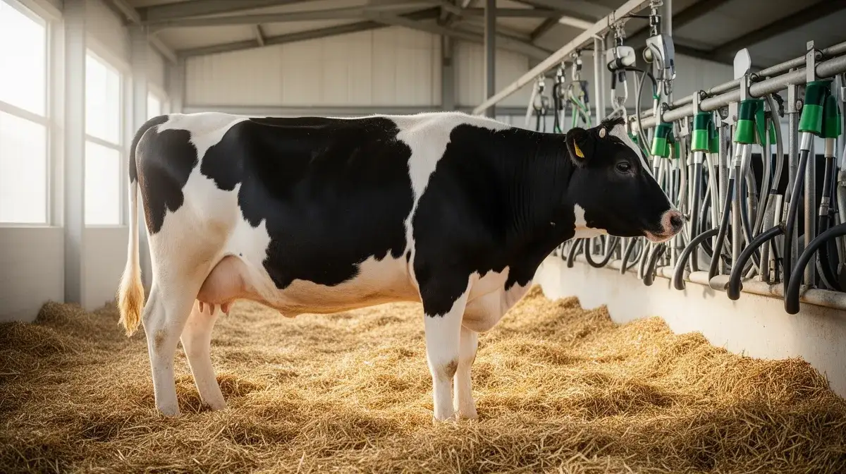 Vache laitière dans une étable moderne, illustrant les différences de prix selon la race