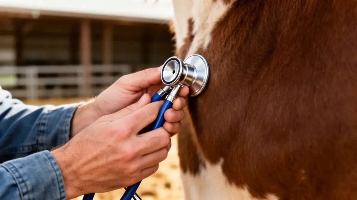 Gros plan sur les mains d'un éleveur avec un stéthoscope vétérinaire près d'une vache, illustrant les frais annexes
