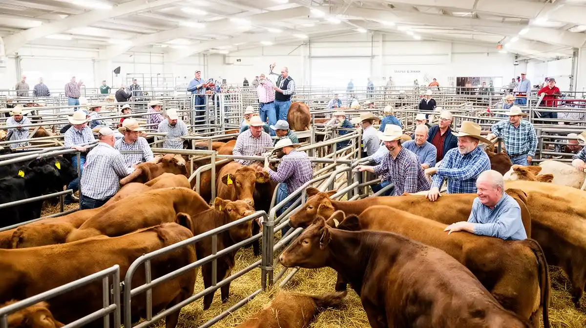 Marché aux enchères de bovins avec des éleveurs examinant des vaches, illustrant les canaux d'achat
