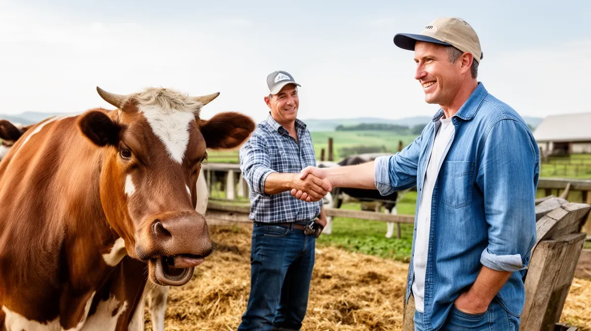 Poignée de main entre un acheteur et un vendeur à côté d'une vache, illustrant la négociation du prix