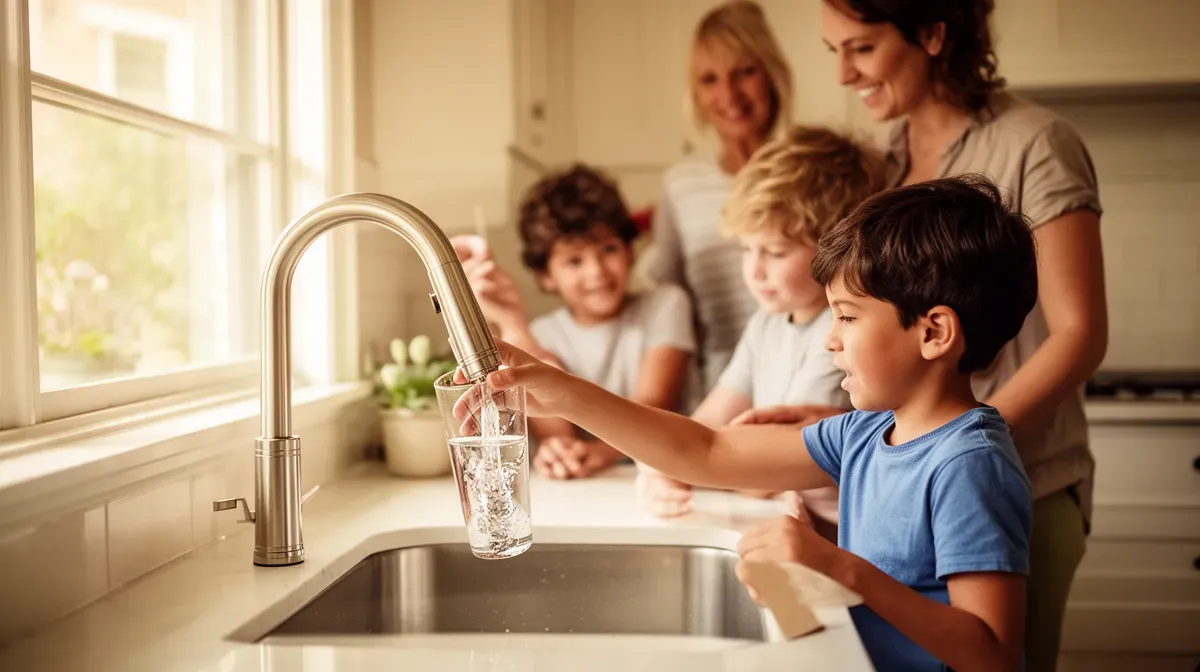 Famille de quatre personnes dans une cuisine, un adulte remplissant un verre d'eau au robinet