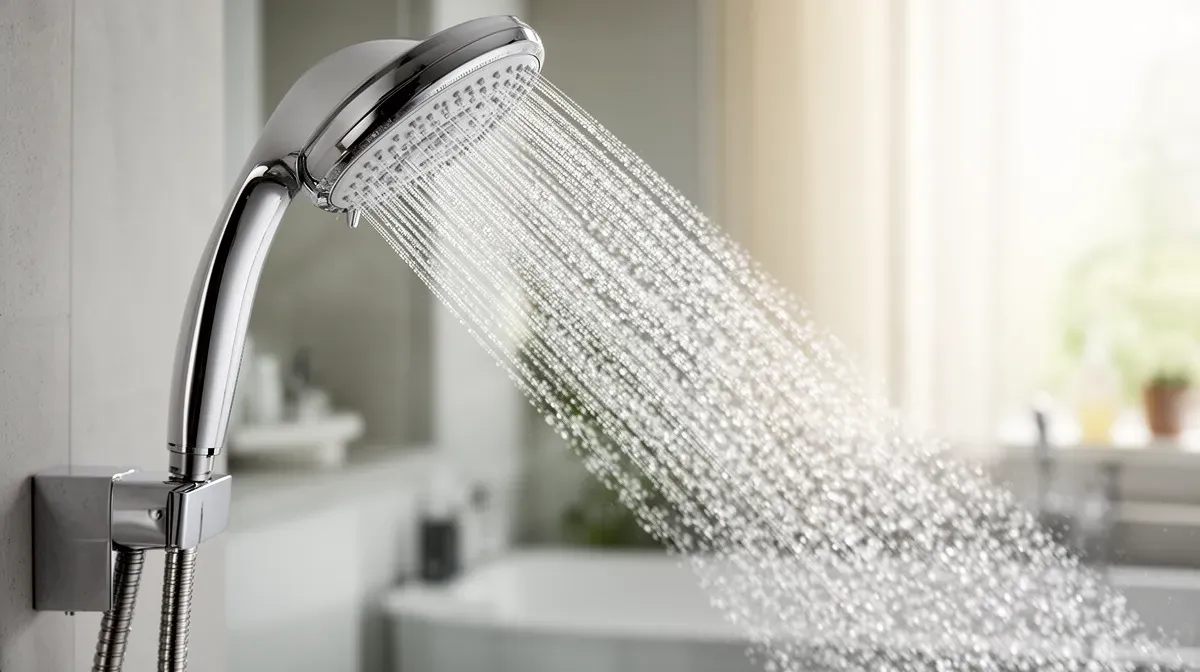 Pomme de douche économe en eau avec de fines gouttelettes, illustrant les conseils pour réduire la consommation