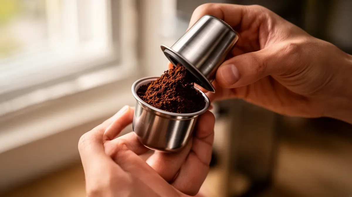Mains remplissant une capsule de café réutilisable en inox avec du café moulu