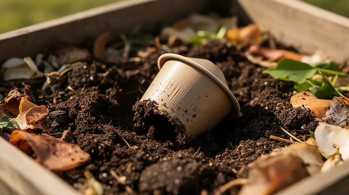 Capsule de café compostable en décomposition dans un composteur domestique