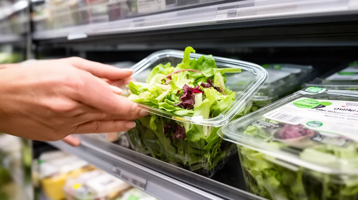 Gros plan sur un client saisissant une salade emballée dans une vitrine réfrigérée Grab & Go