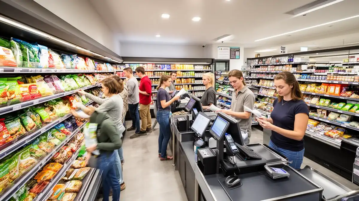 Plan large d'un corner Grab & Go fréquenté dans un supermarché, avec des clients se servant rapidement