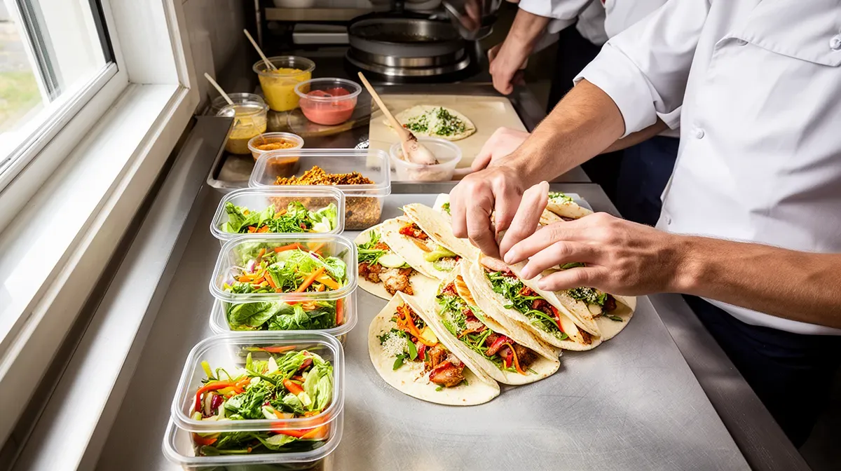 Vue de dessus d'un chef préparant des wraps frais pour un corner Grab & Go en cuisine