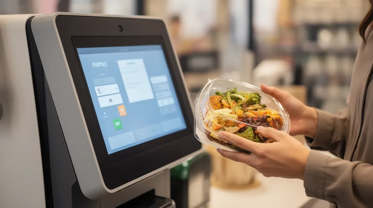 Plan latéral d'un client réglant son repas Grab & Go à une borne de paiement automatique