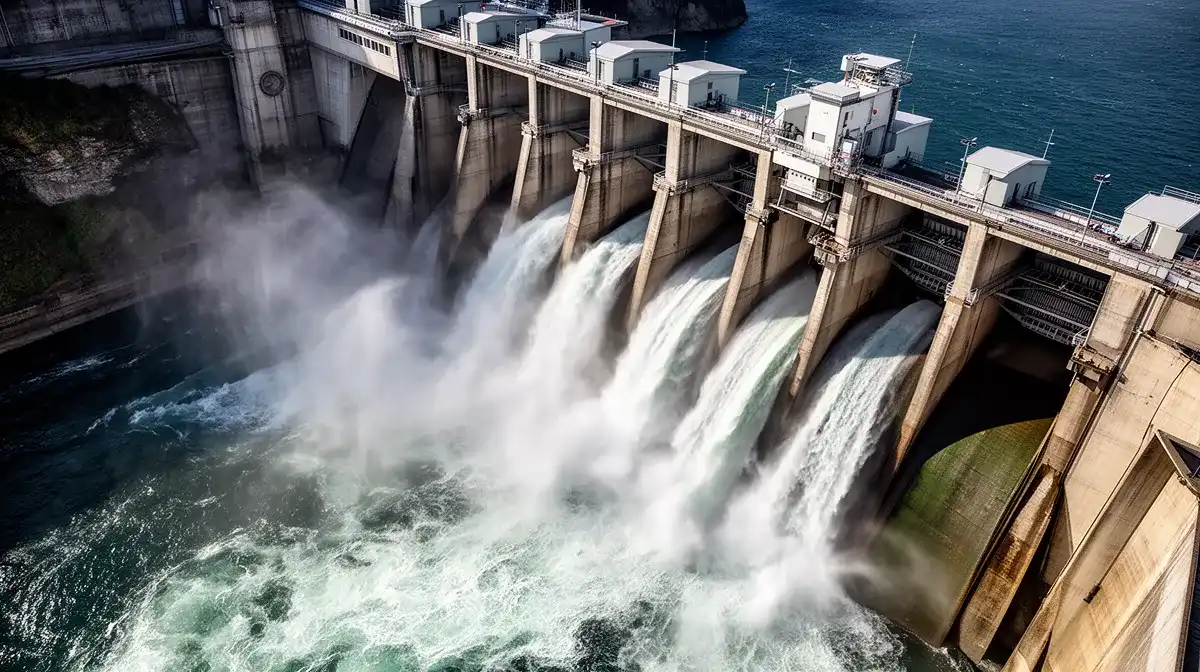 Barrage hydroélectrique en fonctionnement avec de l'eau turbinée, vue en plongée