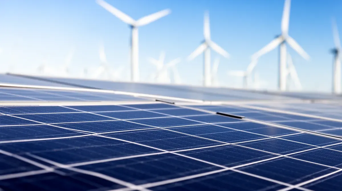 Gros plan sur des panneaux solaires avec des éoliennes en arrière-plan flou