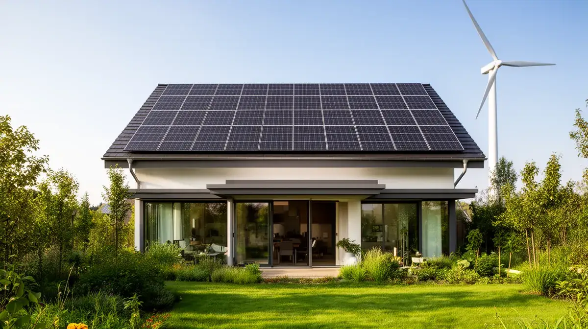 Maison moderne équipée de panneaux solaires avec une éolienne en arrière-plan, illustrant les avantages économiques