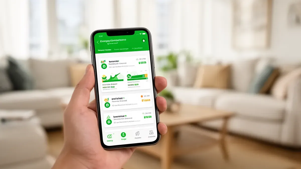 Main tenant un smartphone affichant une application de comparaison d'offres d'électricité, dans un salon lumineux