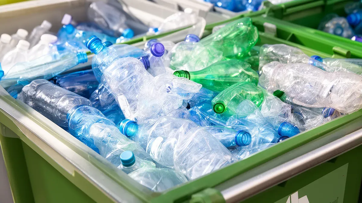 Gros plan sur des bouteilles plastique triées par couleur dans des bacs de recyclage