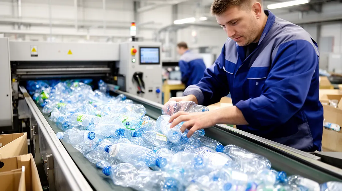 Ouvrier triant des bouteilles plastique sur un tapis roulant dans un centre de recyclage