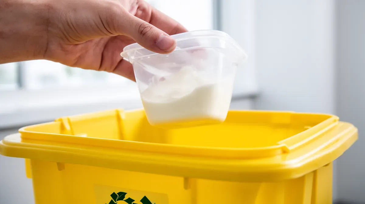 Main tenant un pot de yaourt en plastique au-dessus d'un bac jaune de recyclage