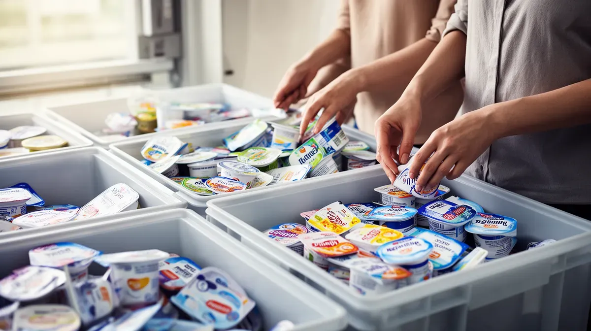 Personne triant différents pots de yaourt dans des bacs de recyclage distincts