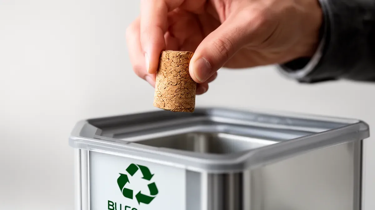 Gros plan d'une main déposant un bouchon en liège dans un point de collecte dédié au recyclage