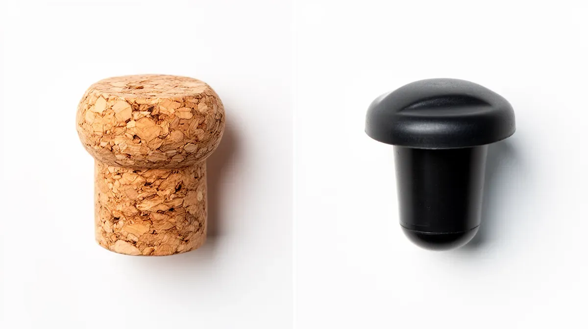 Comparaison visuelle entre un bouchon en liège naturel et un bouchon synthétique en plastique