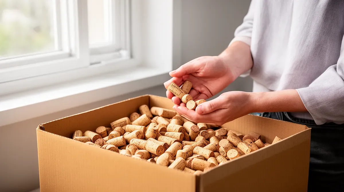 Personne triant des bouchons en liège dans une boîte en carton pour les recycler