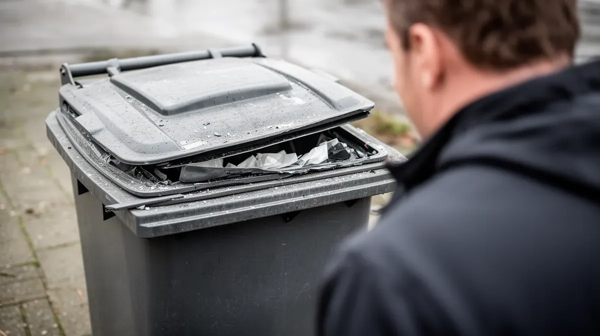 Personne observant une poubelle endommagée avec un couvercle cassé