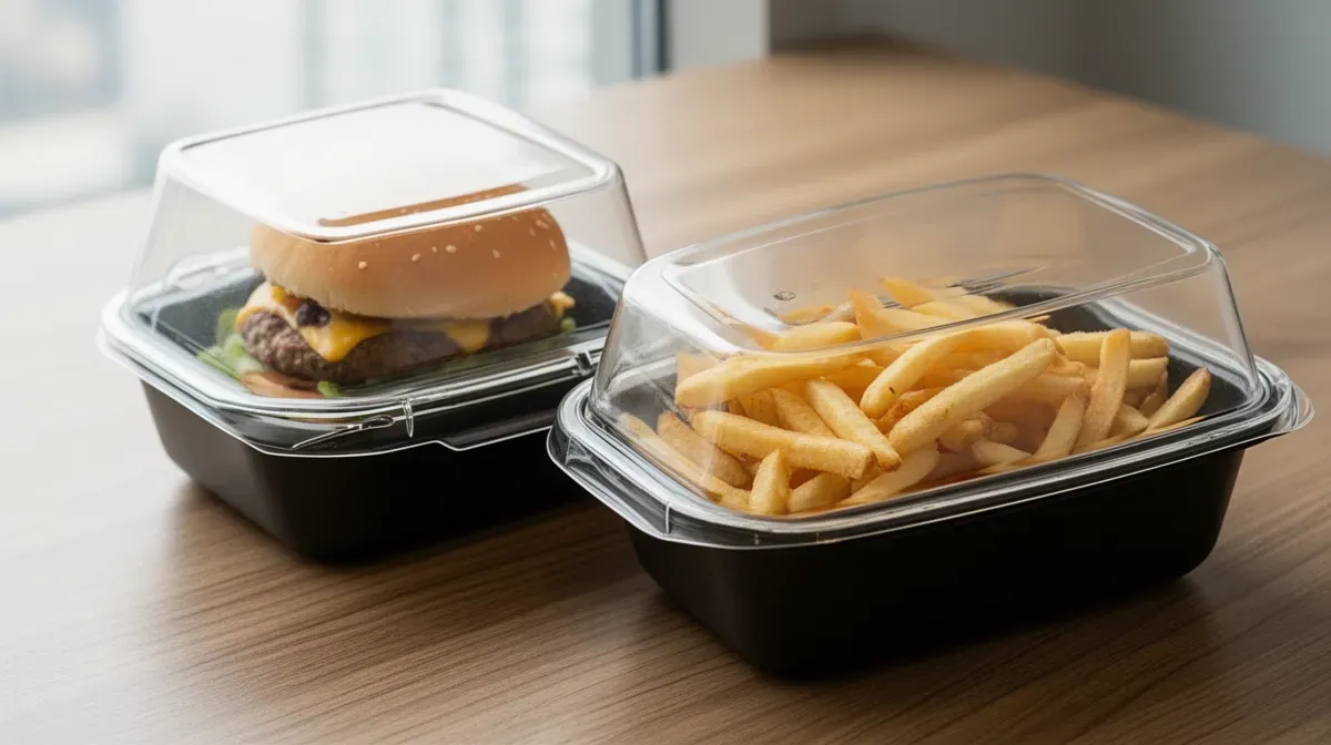 Gros plan sur les contenants réutilisables de McDonald's avec un burger et des frites
