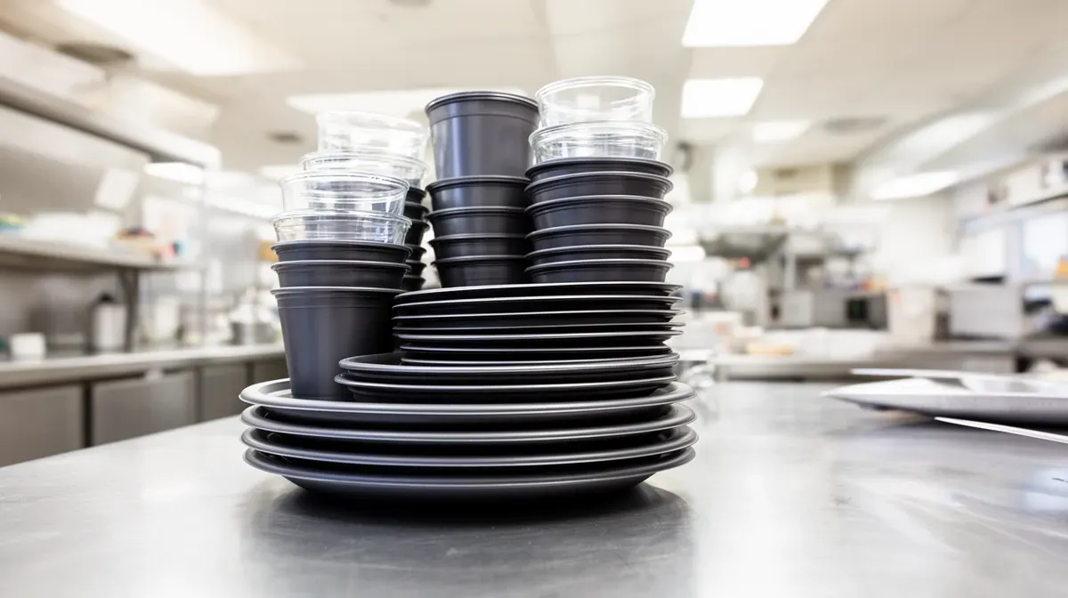 Pile de verres et assiettes réutilisables dans une cuisine professionnelle