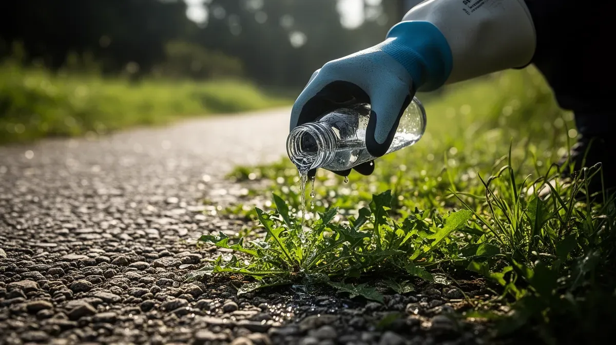 Gros plan d'une main gantée versant de l'acide chlorhydrique sur des mauvaises herbes, montrant l'action corrosive