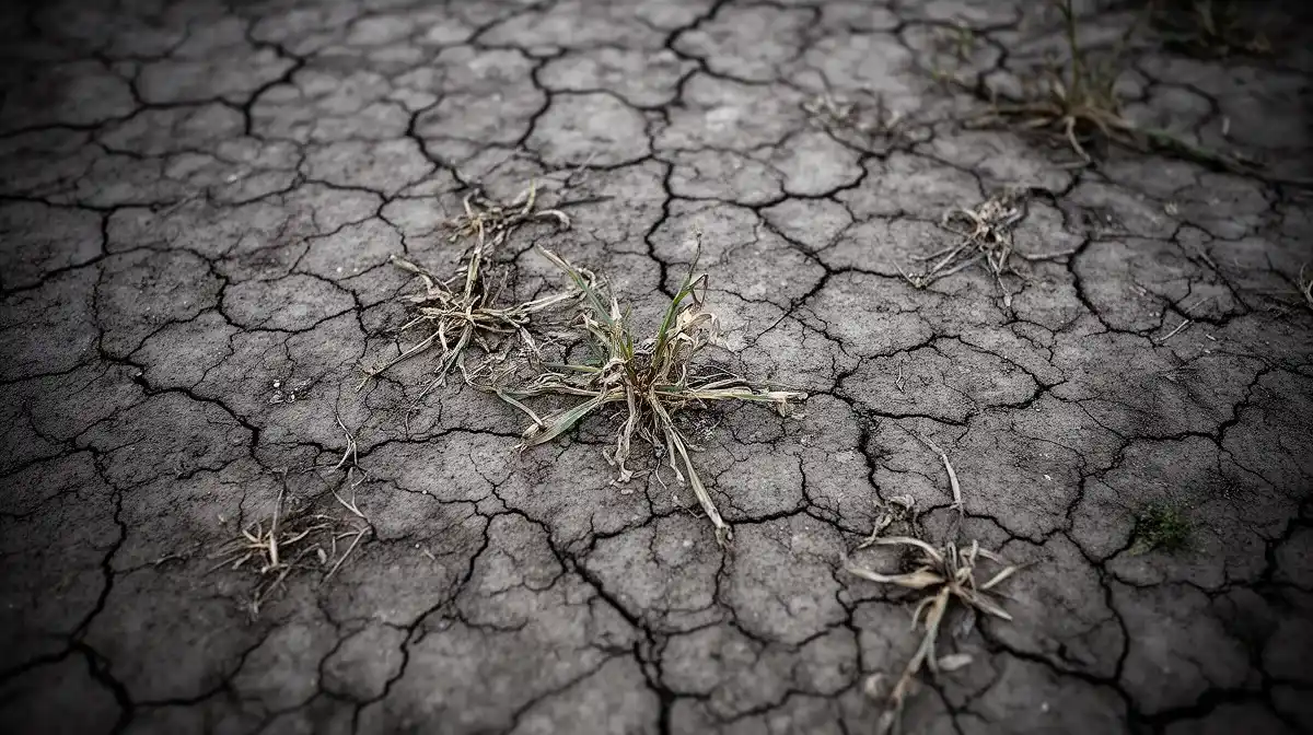 Vue de dessus d'un sol craquelé et stérile après traitement à l'acide, illustrant les dégâts environnementaux