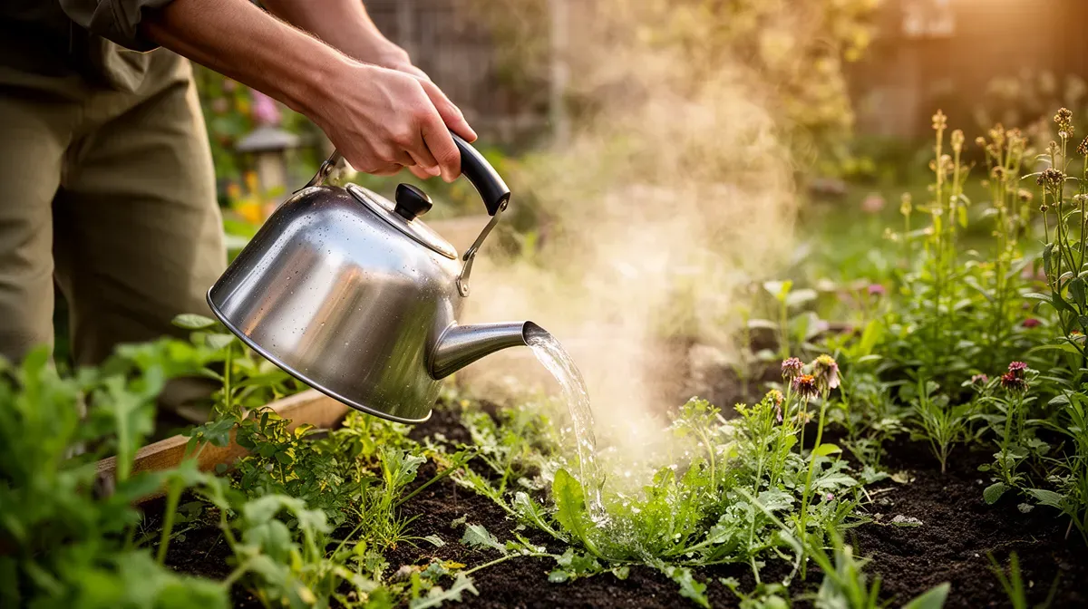 Jardinier versant de l'eau bouillante sur des mauvaises herbes, une alternative naturelle et légale