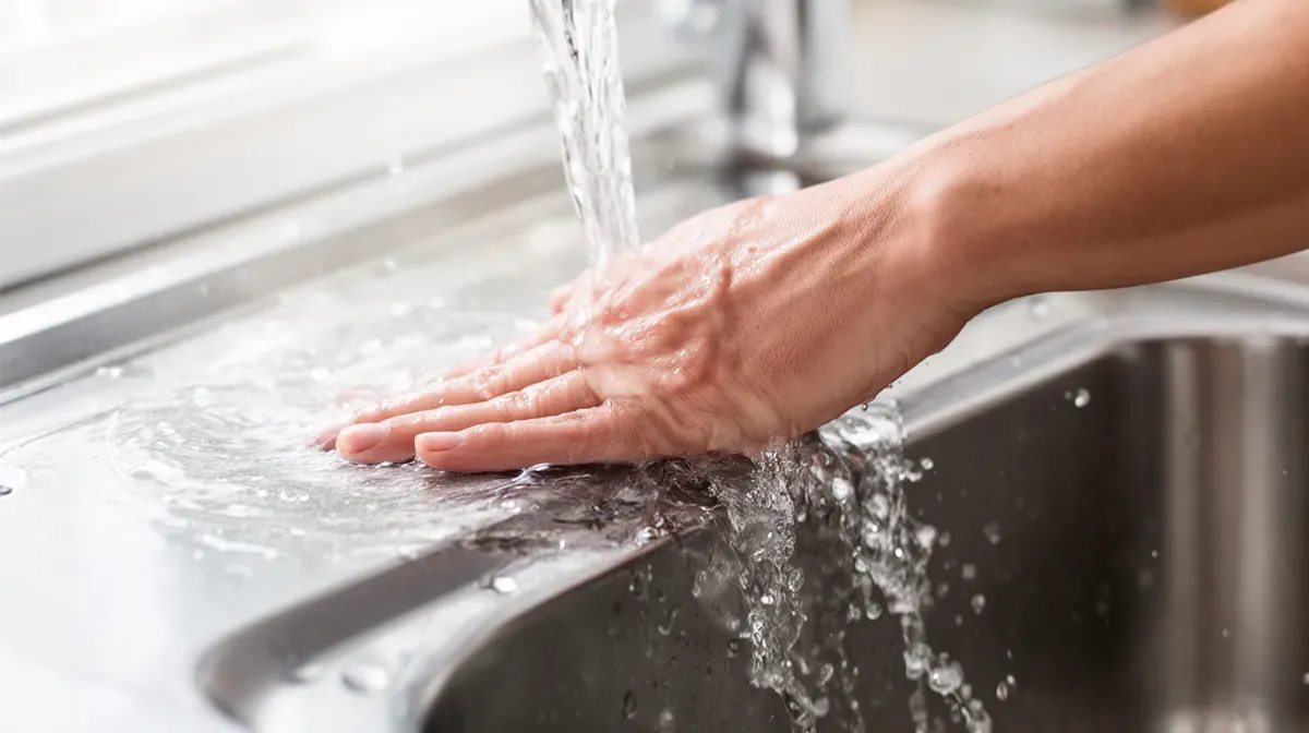 Main qui rince abondamment une surface en inox avec de l'eau claire