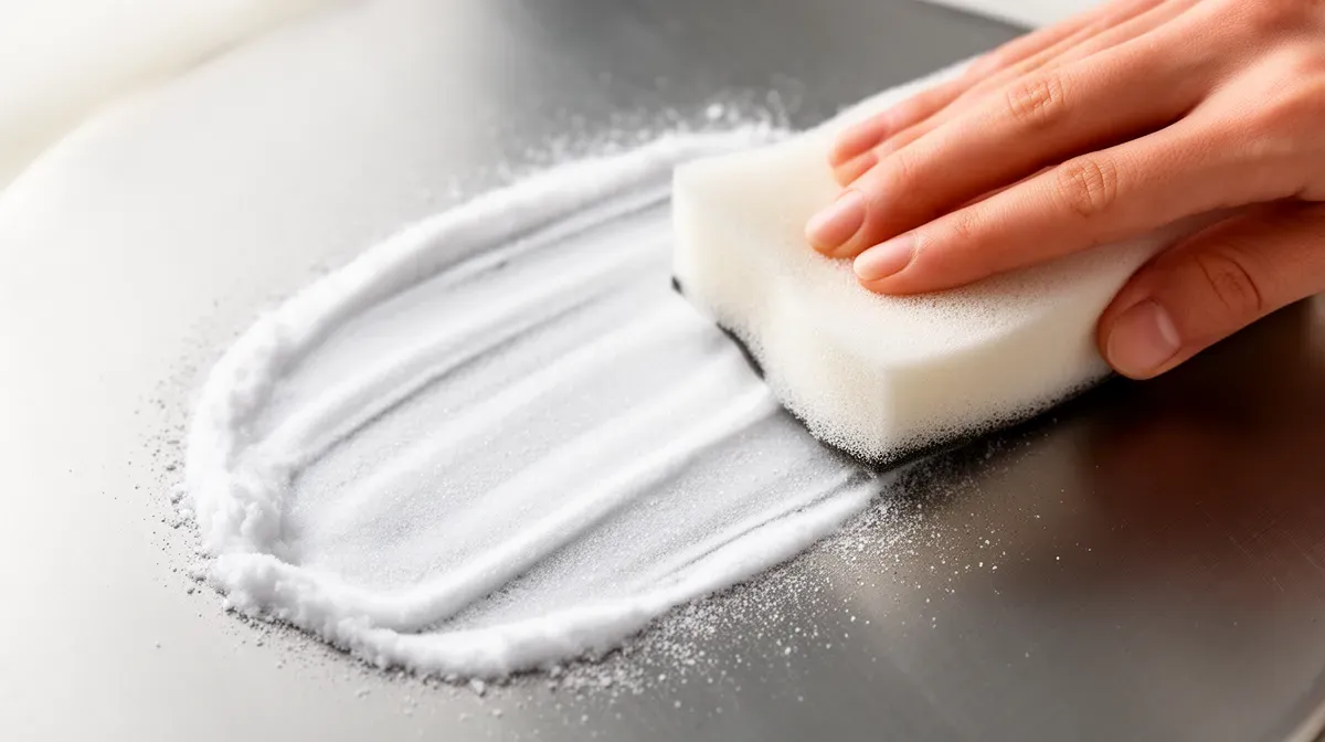 Application de pâte de bicarbonate de soude sur une surface en inox pour la nettoyer