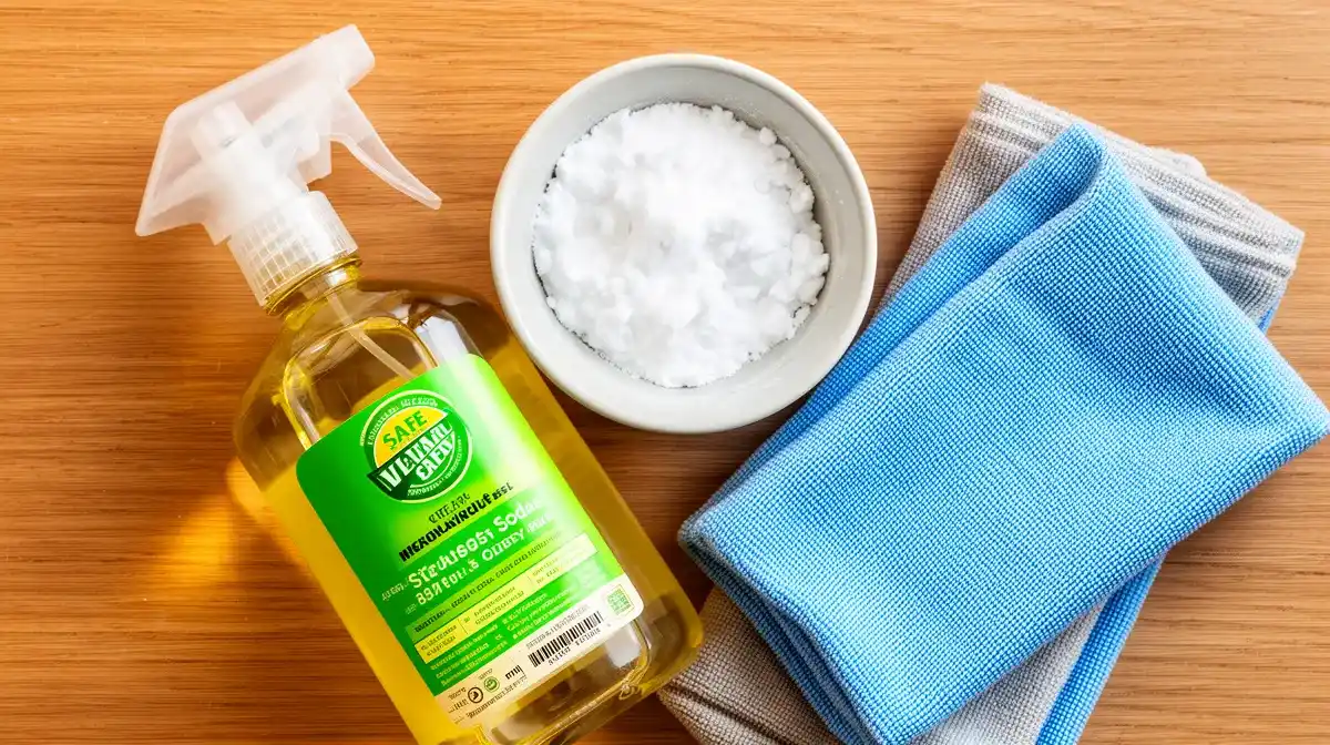 Produits de nettoyage doux pour l'inox : vinaigre blanc, bicarbonate de soude et chiffon microfibre