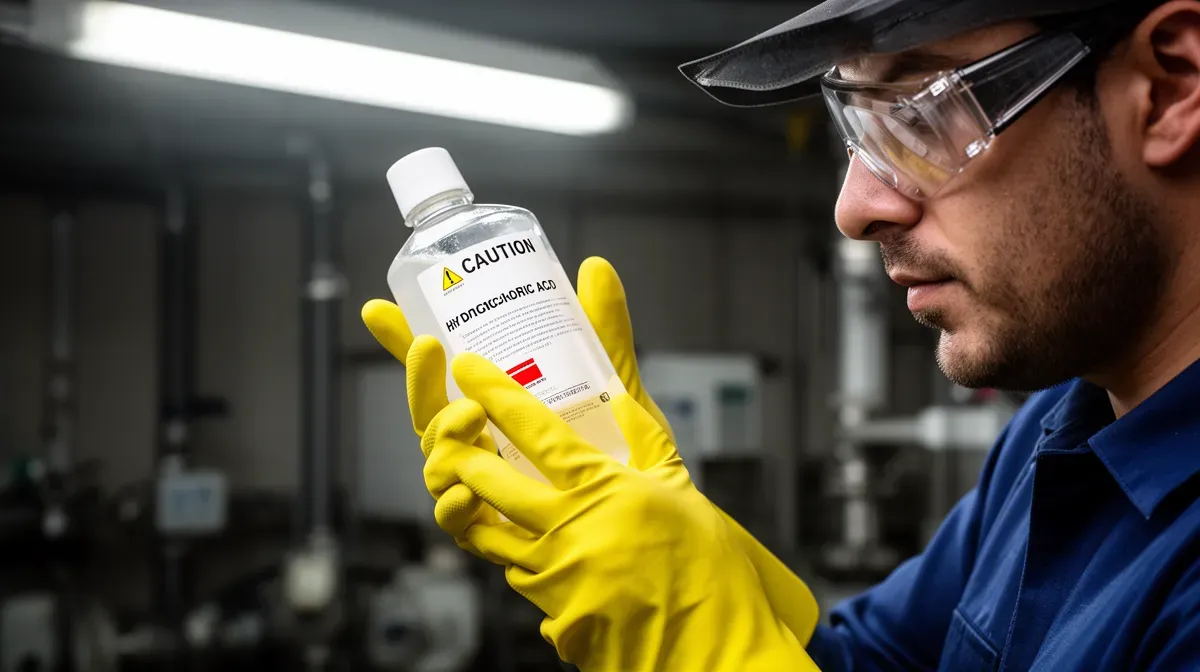 Personne avec des gants et des lunettes de protection manipulant une bouteille d'acide chlorhydrique