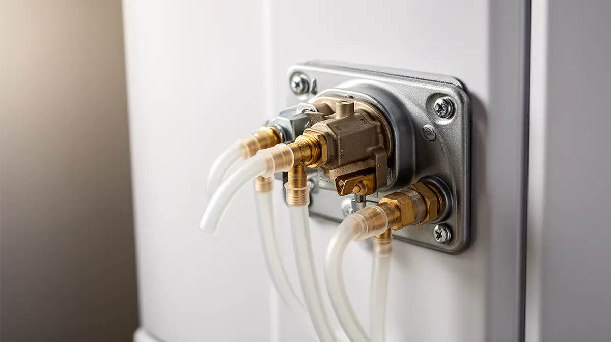 Gros plan sur le pressostat d'une chaudière et ses tuyaux en silicone, souvent en cause dans l'anomalie ventilateur