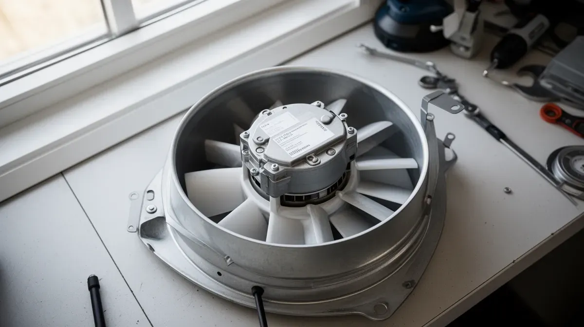 Bloc motoventilateur neuf pour chaudière, posé sur un établi, prêt à être installé