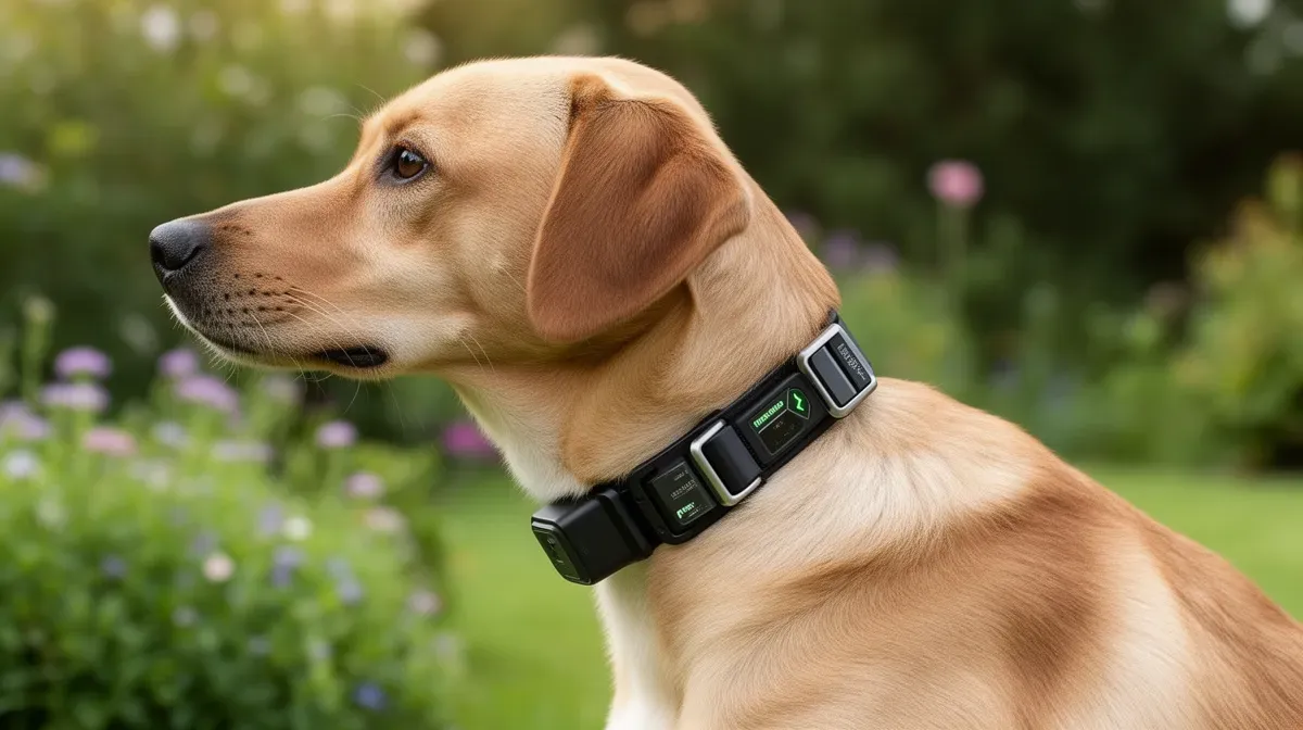 Chien portant un collier anti-aboiement dans un jardin, vue de côté