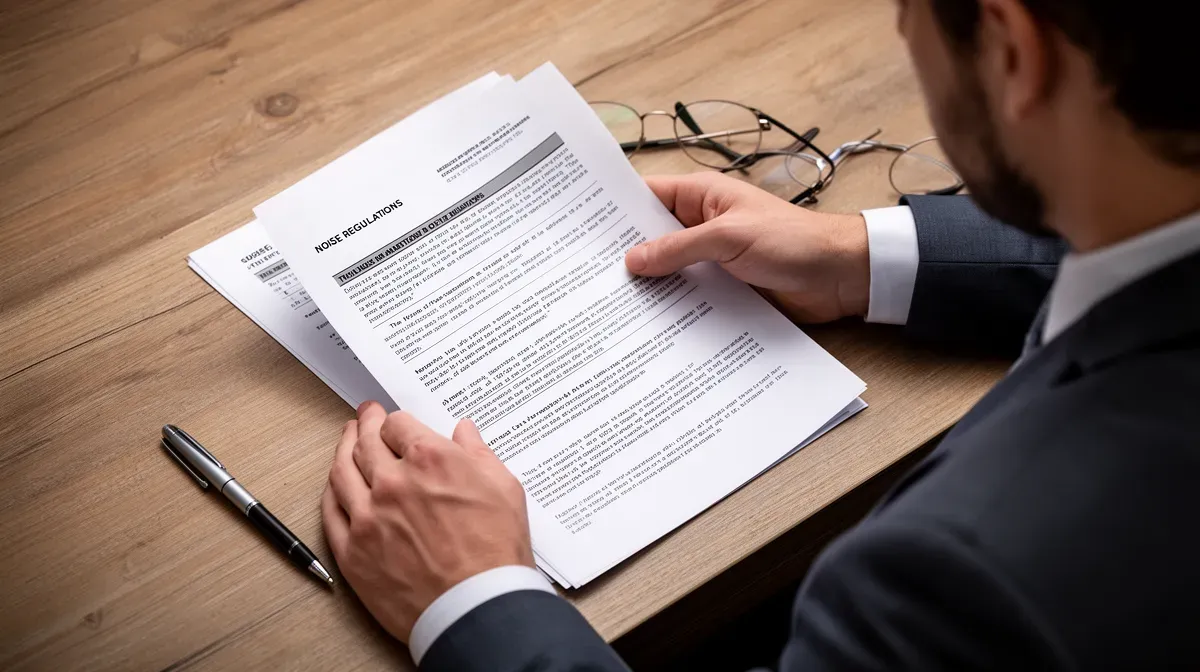 Personne lisant un document légal sur les nuisances sonores à un bureau en bois