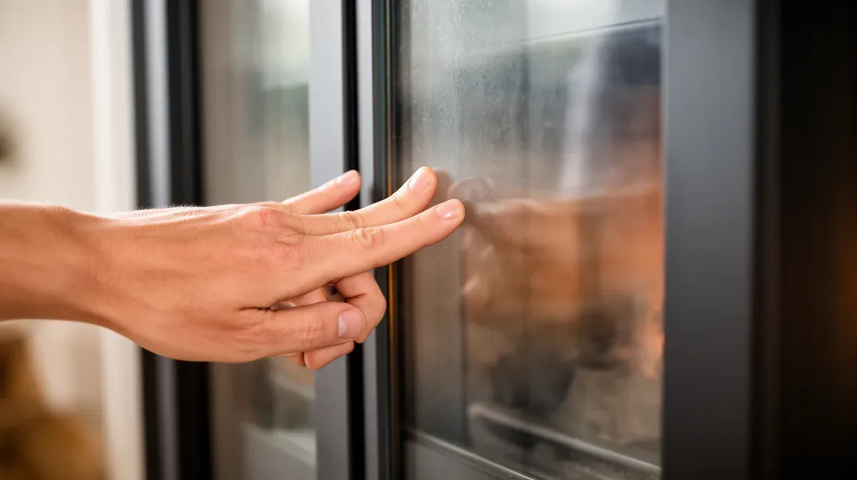 Main vérifiant la température de la vitre d'un poêle à granulés après refroidissement