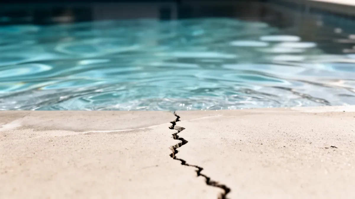 Gros plan sur une micro-fissure dans le béton d'une piscine avec de l'eau