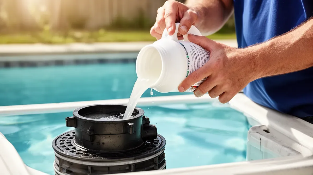 Versement d'un colmateur de fuite dans le skimmer d'une piscine