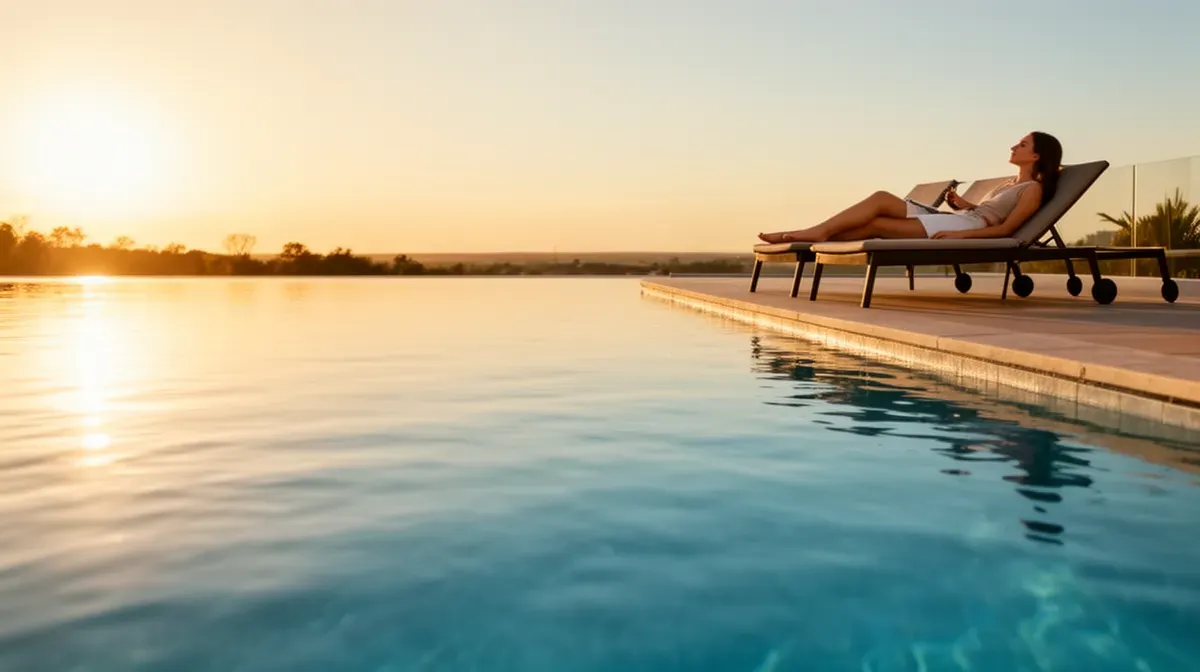 Piscine réparée avec une personne se relaxant au bord, ambiance sereine
