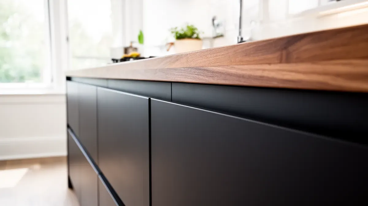 Détail de meubles de cuisine Mobalpa en finition Fénix noir et plan de travail en bois