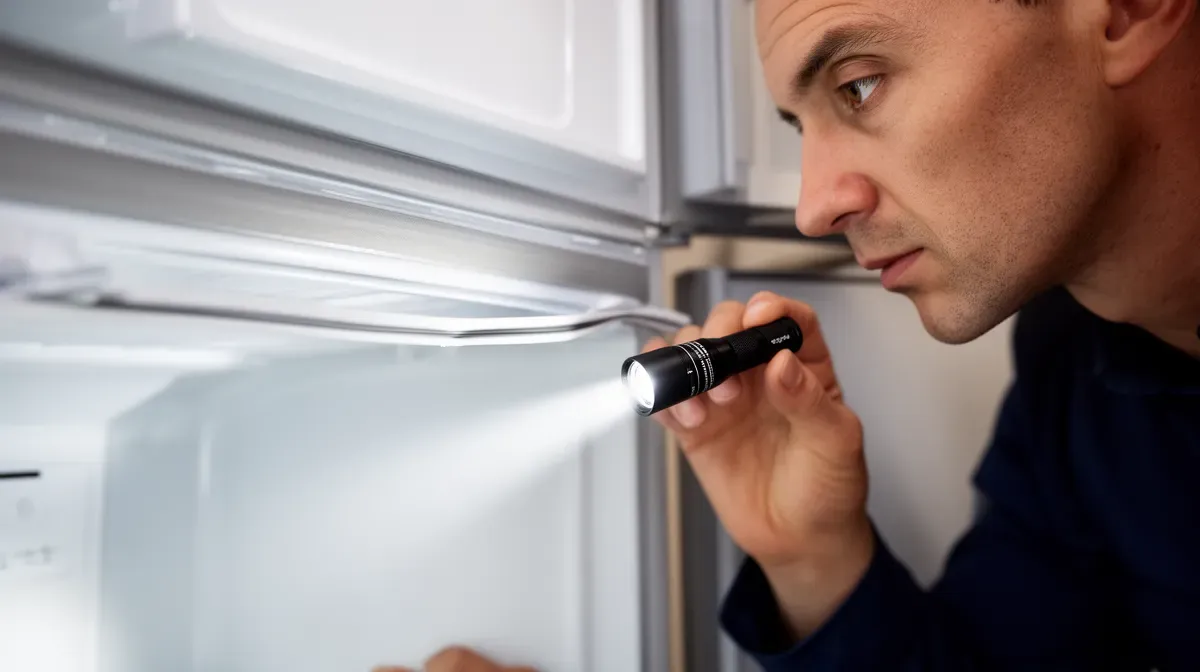 Inspection du joint de porte du réfrigérateur avec une lampe torche pour diagnostiquer un bac plein