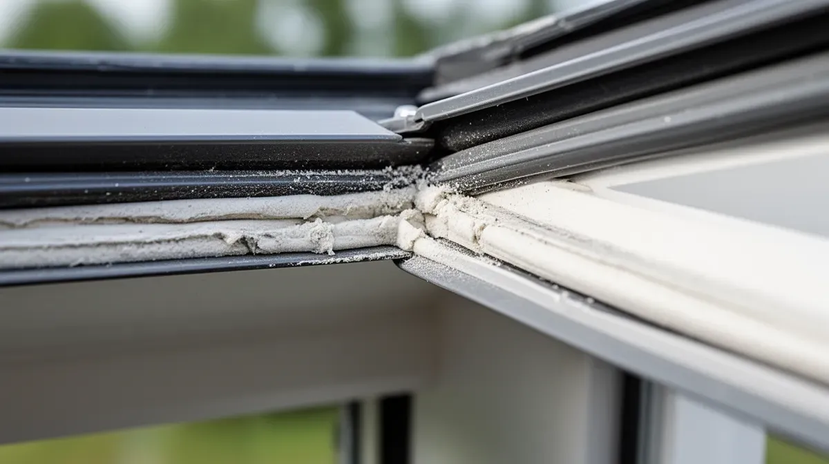 Gros plan sur la mousse d'étanchéité usée du clapet de ventilation Velux