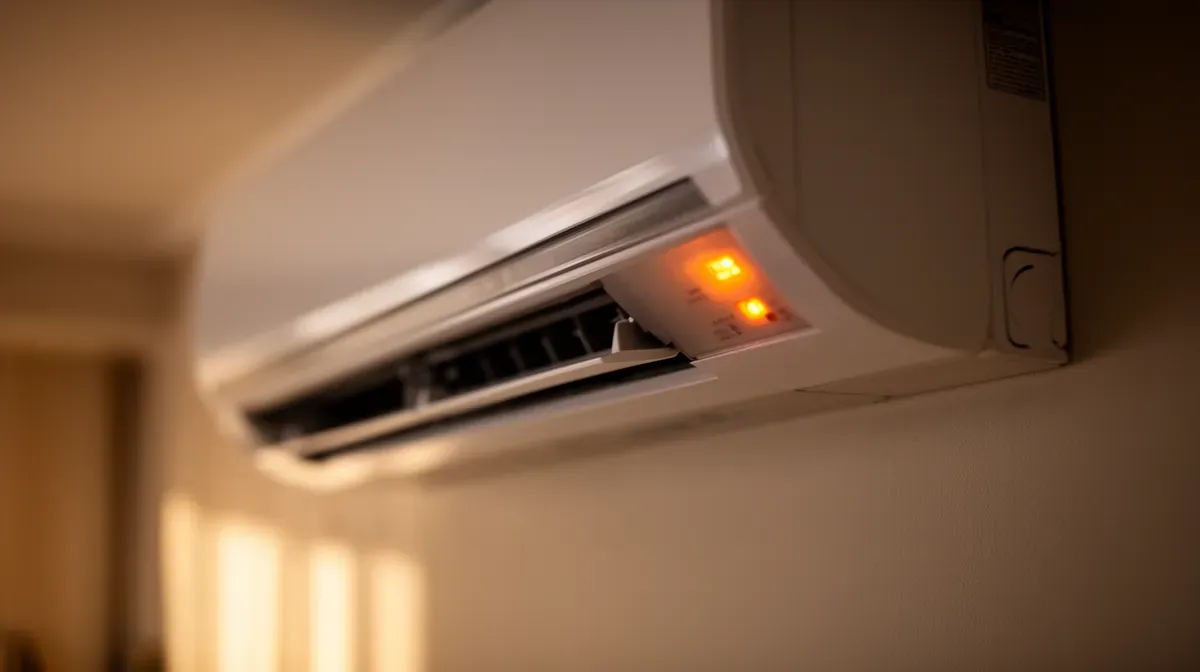 Gros plan sur le voyant orange fixe d'un climatiseur Hitachi