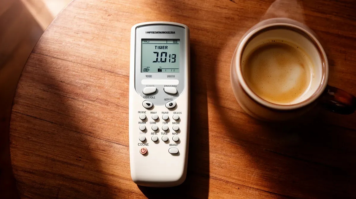 Télécommande de climatiseur Hitachi avec programmateur actif sur une table en bois