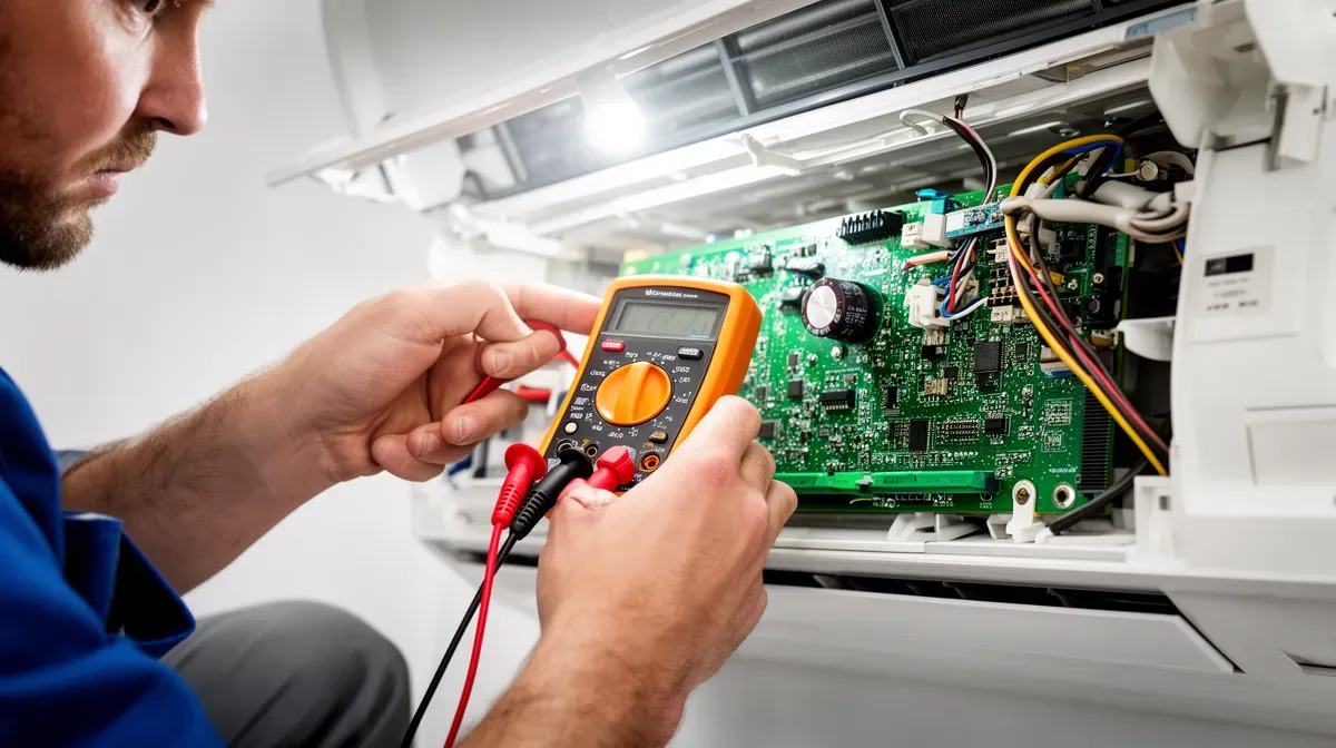 Technicien mesurant la tension de communication d'un climatiseur Hitachi avec un multimètre