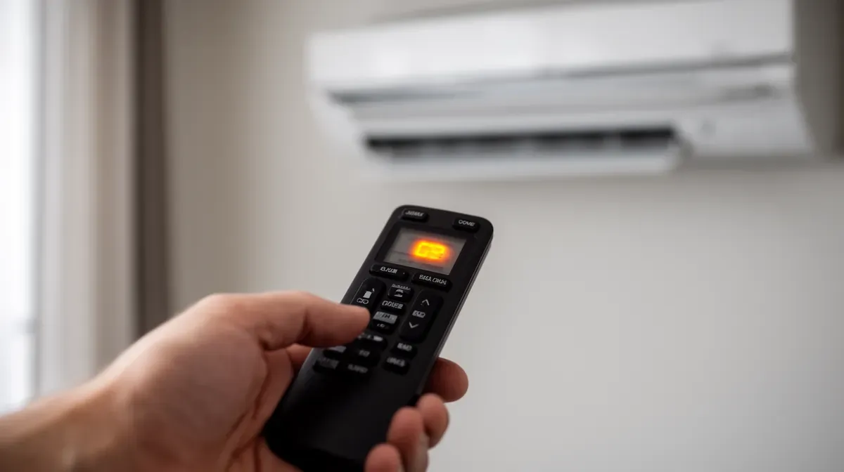 Gros plan sur une télécommande de climatisation Hitachi avec voyant orange clignotant
