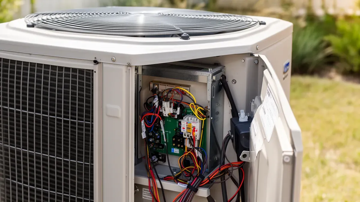 Unité extérieure de climatisation Hitachi ouverte montrant les composants électriques internes
